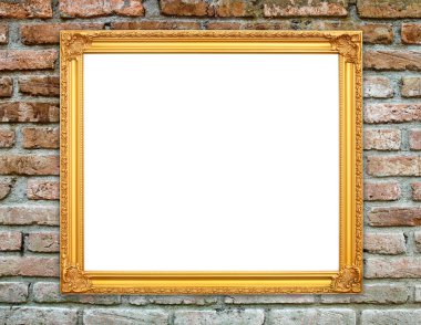 tuğla duvarın üzerinde boş altın çerçeve 
