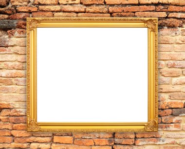 tuğla duvarın üzerinde boş altın çerçeve 