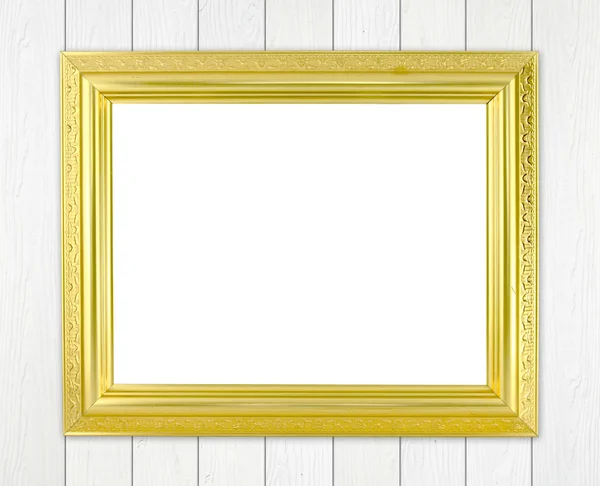Marco dorado en blanco en la pared de madera — Foto de Stock
