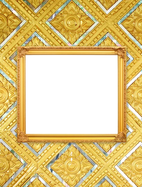 Blank golden frame on Thai style buddha wall — Stock Photo, Image