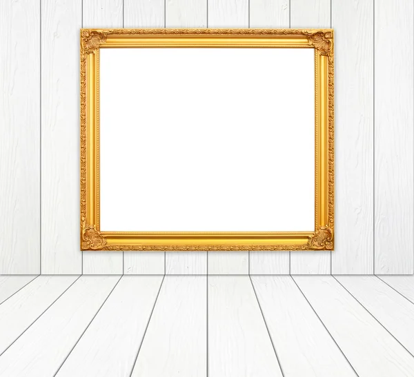 空白的金框，在白色的木墙、 木地板的房间里 — 图库照片