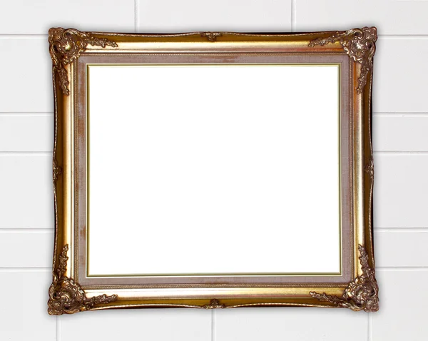 Golden frame on whtie cement wall background — Stock Photo, Image