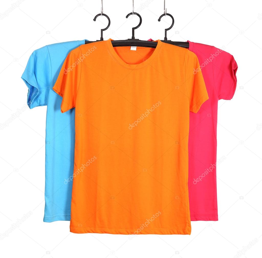 three t-shirt template on hange isolated on white