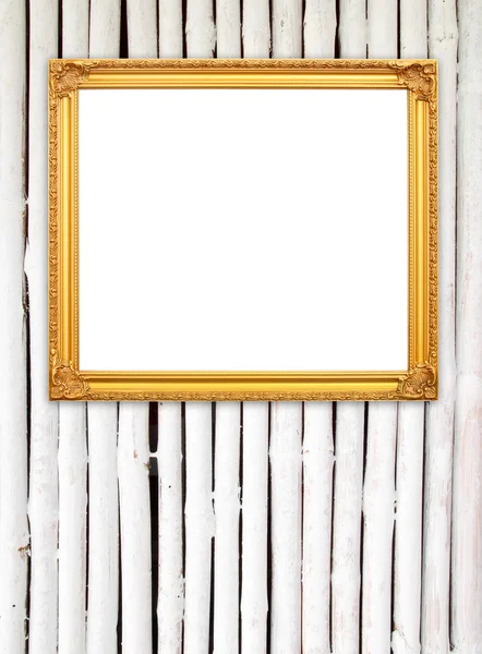 Blank golden frame on bamboo wall — Stock Photo, Image