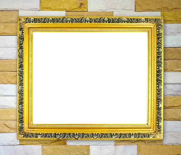 Blank golden frame on brick stone wall — Stock Photo, Image