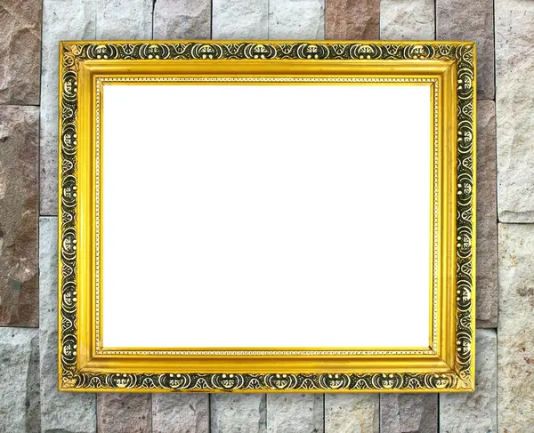 Blank golden frame on brick stone wall — Stock Photo, Image