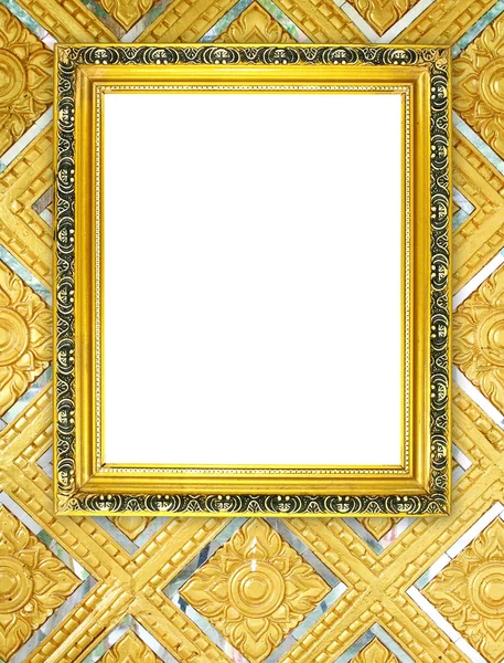 Blank golden frame on Thai style buddha wall — Stock Photo, Image