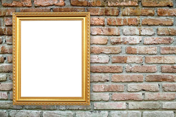 Blank golden frame on brick stone wall — Stock Photo, Image