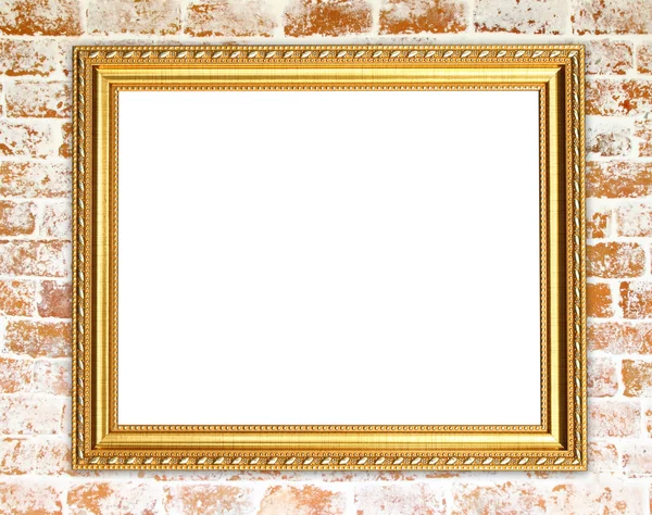 石砖墙上空白金框 — 图库照片