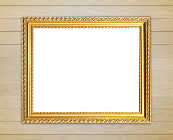 Blank golden frame on wood wall background