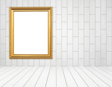 Beyaz ahşap duvar (blok tarzı) Oda boş altın çerçeve bir