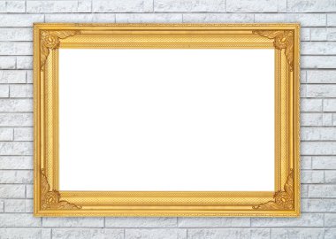 tuğla duvarın üzerinde boş altın çerçeve 