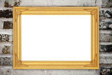 tuğla duvarın üzerinde boş altın çerçeve 