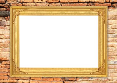 tuğla duvarın üzerinde boş altın çerçeve 