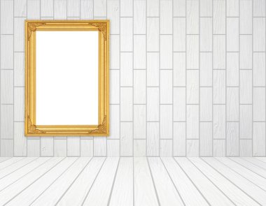 Beyaz ahşap duvar (blok tarzı) Oda boş altın çerçeve bir