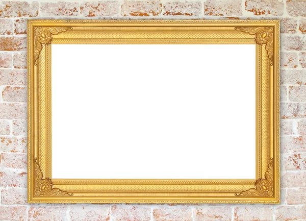 Blank golden frame on brick stone wall — Stock Photo, Image