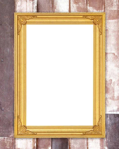 木墙上的空白金框 — 图库照片