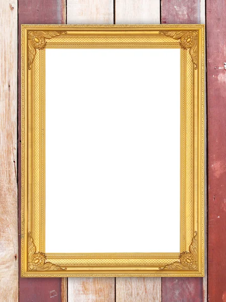 Prázdný zlatý rám na dřevo zeď — Stock fotografie