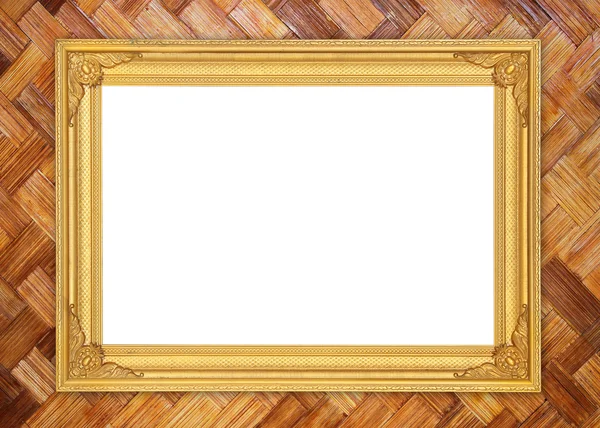 Moldura dourada em branco na textura de bambu — Fotografia de Stock