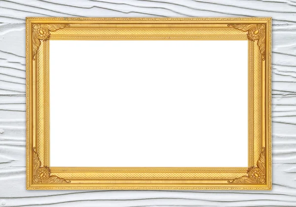 Пустая золотая рамка на деревянной стене — стоковое фото