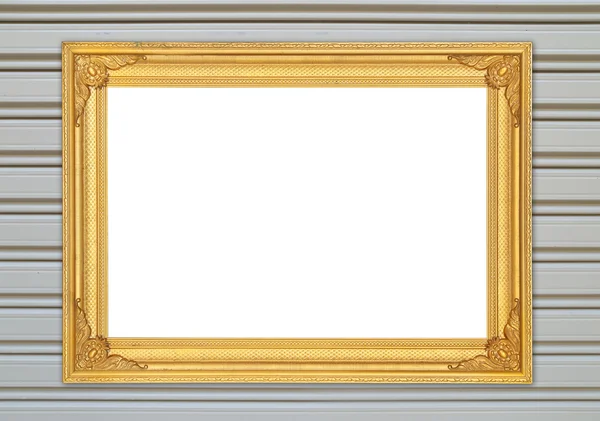 Пустая золотая рамка на металлической стене — стоковое фото