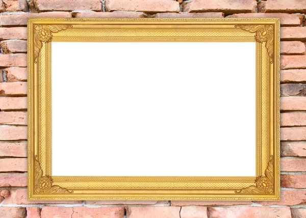 Blank golden frame on brick stone wall — Stock Photo, Image