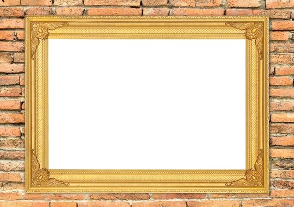 Порожня золота рамка на цегляній кам'яній стіні — стокове фото