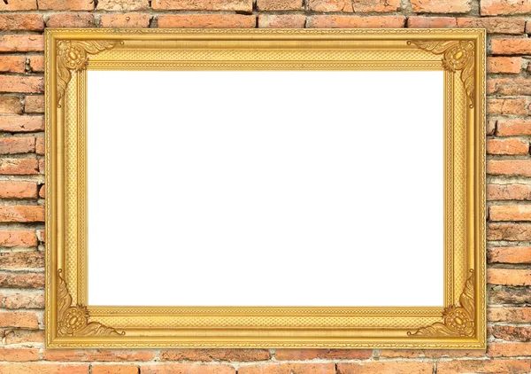 Blank golden frame on brick stone wall — Stock Photo, Image