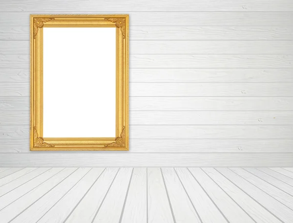 Lege gouden frame in kamer met witte houten muur en houten vloer — Stockfoto