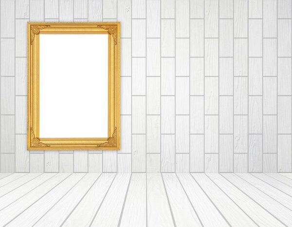 Blank golden frame in room with white wood wall (block style) and wood floor background