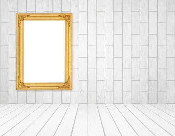 Blank golden frame in room with white wood wall (block style) an — Stock Photo, Image