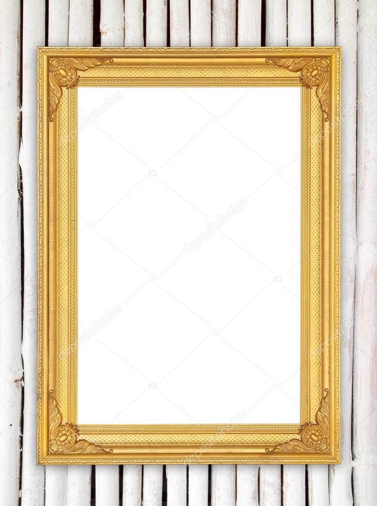 blank golden frame on colorful bamboo wall 