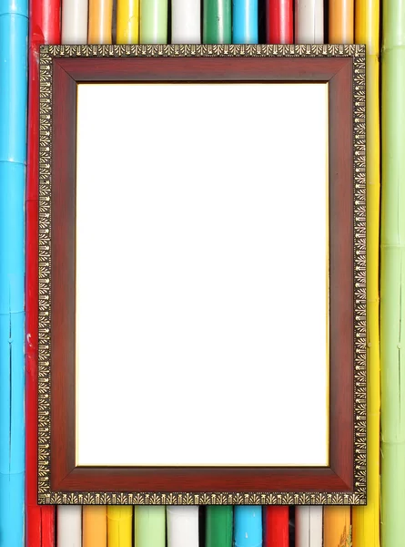 Houten frame op kleurrijke bamboe muur — Stockfoto