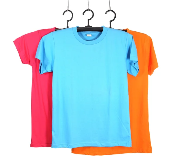 Three t-shirt template on hange isolated on white — Stock Photo, Image