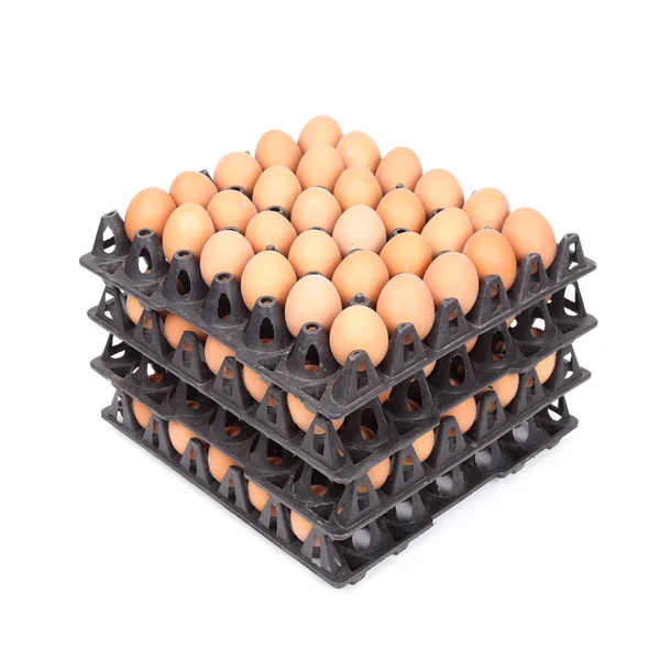 Stapel von Eiern in Tablett auf weiß — Stockfoto