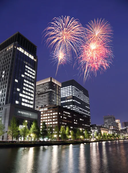 Fuochi d'artificio che celebrano il paesaggio urbano di Tokyo vicino — Foto Stock