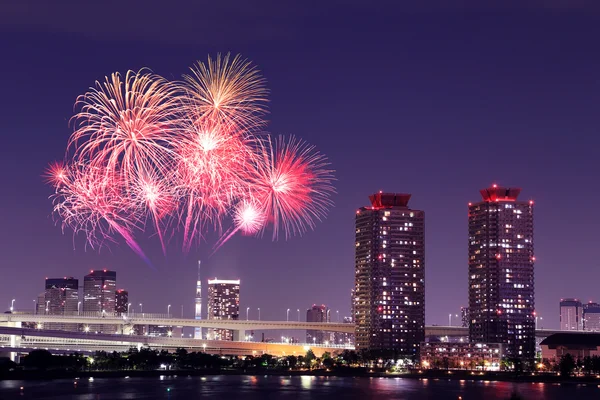 Fireworks celebrating over Tokyo cityscape at nigh — Stock Photo, Image