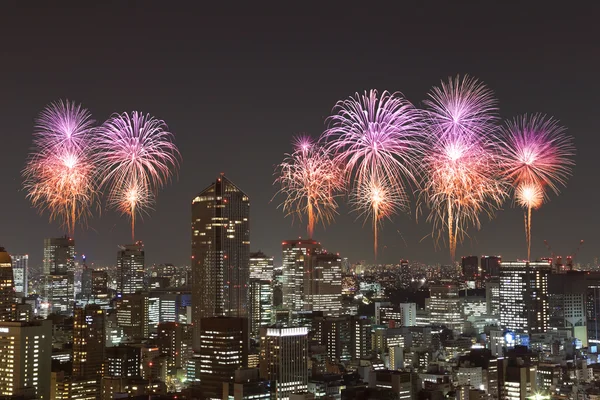 เทศกาลดอกไม้ไฟที่จัดขึ้นในโตเกียวตอนกลางคืน — ภาพถ่ายสต็อก