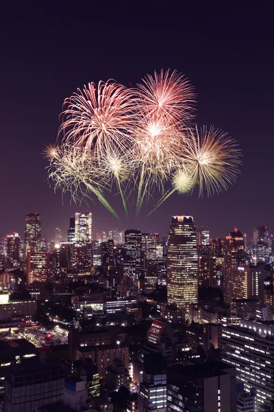 Feuerwerk über Tokyos Stadtbild in der Nacht — Stockfoto