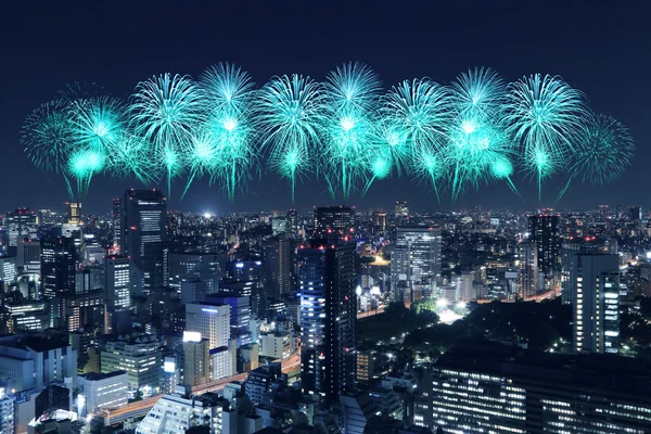 夜の東京の街並を祝う花火 — ストック写真