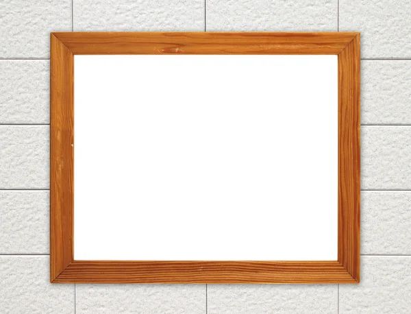 Blank wood frame on brick stone wall — Stock Photo, Image