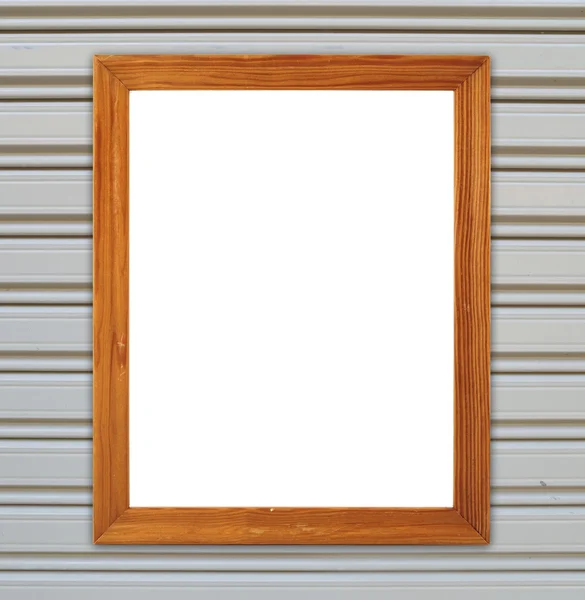 Moldura de madeira em branco na textura da porta metall — Fotografia de Stock