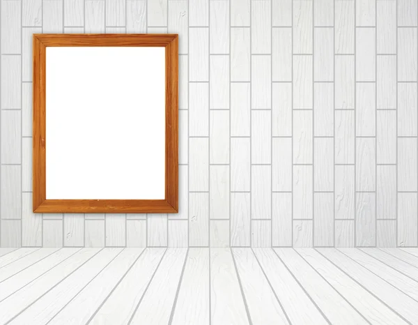 Marco de madera en blanco en la habitación con pared de ladrillo y suelo de madera —  Fotos de Stock