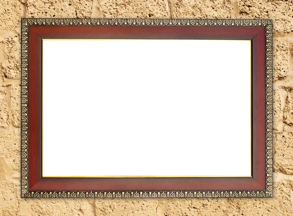 Blank wood frame on brick stone wall — Stock Photo, Image