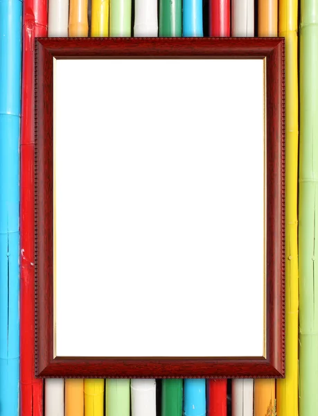 Wood frame on colorful bamboo wall — Stock Photo, Image