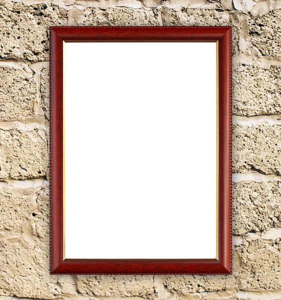 Blank wood frame on brick stone wall — Stock Photo, Image