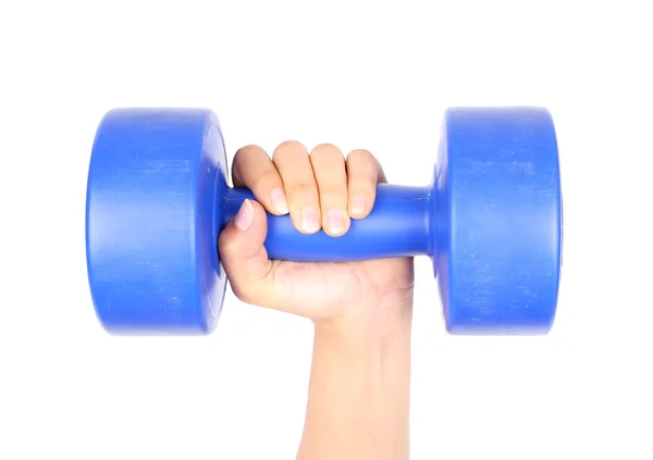 Hand with blue dumbbell on a white — Stock Photo, Image