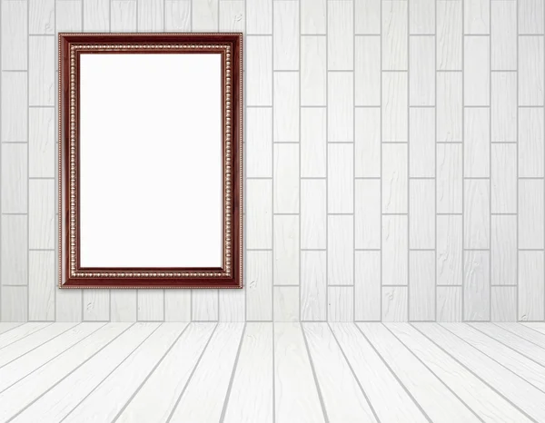 Quadro de madeira em branco no quarto com parede de tijolo e piso de madeira — Fotografia de Stock