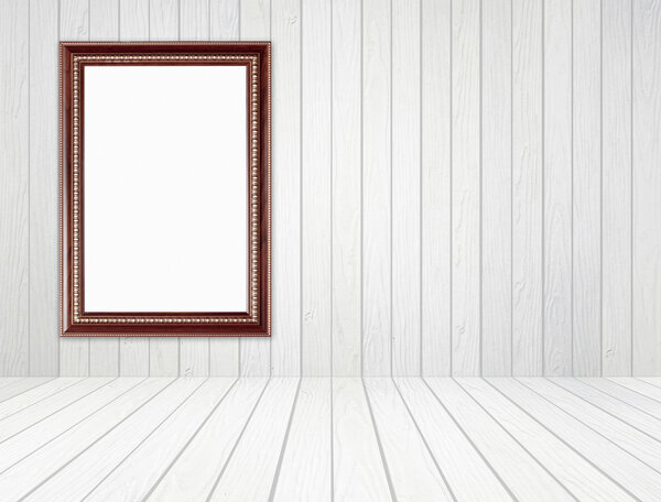 Blank wood frame in room with white wood wall and wood floor background