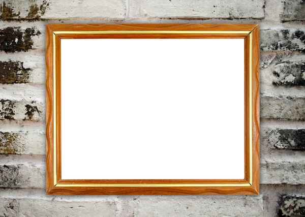 Blank wood frame on brick stone wall — Stock Photo, Image